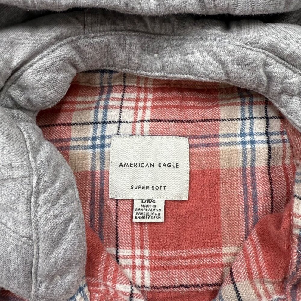 American Eagle Mens L Plaid Flannel Shirt Shacket Removeable Hood Cabincore Red - Picture 8 of 13